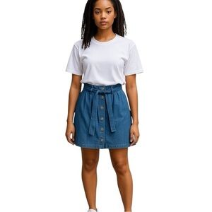 MIAMI | Denim Self Belted Button Up Front Paperbag Skirt